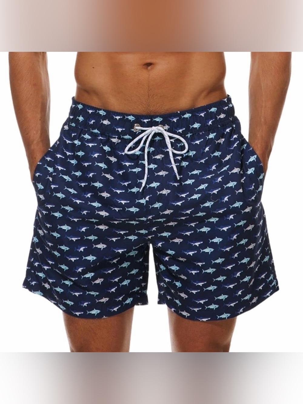 Men's Swim Trunks Quick Dry Stretch Beach Short Pocket Navy Blue Shark Attack